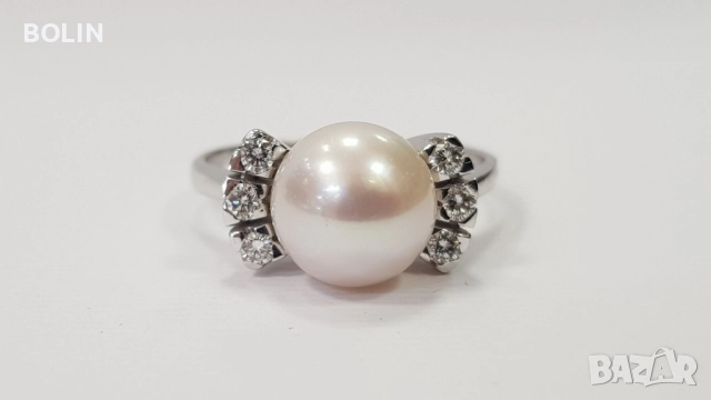 Златен пръстен с перла и диаманти , снимка 3 - Пръстени - 52777612