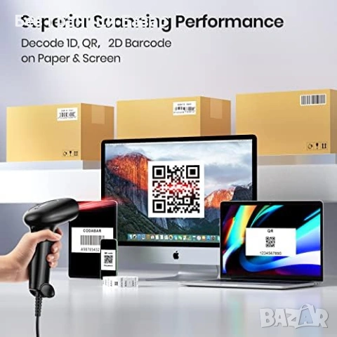 Нов Жичен USB QR баркод четец 1D/2D със автоматично сканиране за POS и склад, снимка 3 - Друга електроника - 53048394