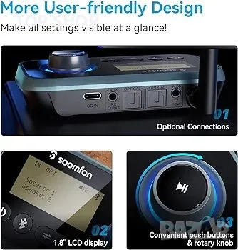 SOOMFON Bluetooth трансмитер приемник, 3 в 1 Bluetooth 5.0 аудио адаптер за 2 слушалки с LCD дисплей, снимка 5 - Друга електроника - 48777009