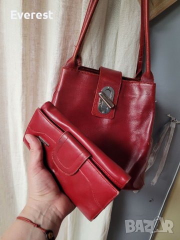 Голяма червена чанта естествена кожа + ПОДАРЪК червено портмоне естествена кожа , снимка 13 - Чанти - 40576289