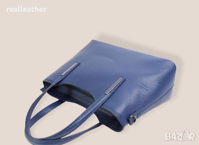 Голяма дамска чанта от естествена кожа в син цвят, снимка 3 - Чанти - 34679225