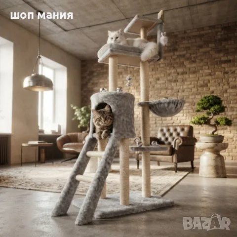 Котешка драскалка с къщичка, легло и платформи, 138 см, светлосива, снимка 3 - За котки - 55943892