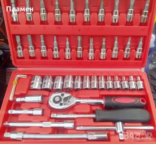 Комплект кутия с ръчни инструменти гедоре тресчотка и накрайници 46 части хром ванадий, снимка 4 - Гедорета - 34404006