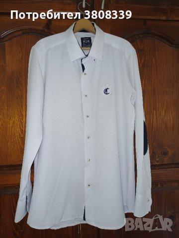Бяла мъжка риза със сини сегменти, снимка 1 - Ризи - 41785801