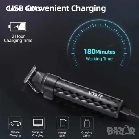 Професионален водоустойчив тример VGR V-170 – 180 минути работа, USB зареждане, пълен комплект, снимка 3 - Машинки за подстригване - 50400298