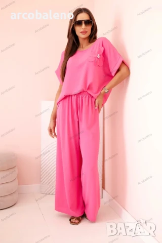 Дамски комплект от две части от вискоза с декоративно цвете и широки панталони, 14цвята , снимка 18 - Комплекти - 50508774