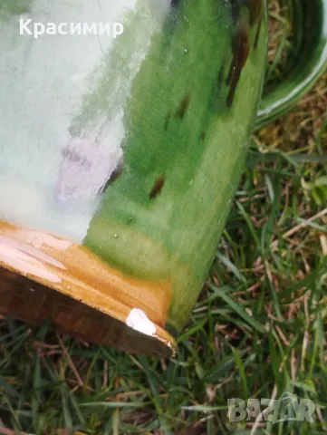 Винтидж дизайн  Голяма кана гарафа от теракота, емайлирана с красиво наситено зелено. , снимка 3 - Антикварни и старинни предмети - 50086577