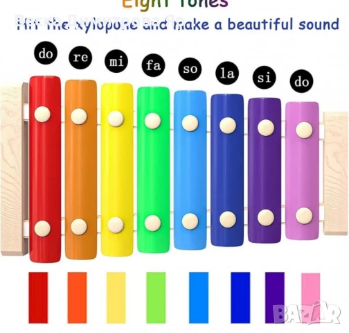 Детски дървен ксилофон с 8 цветни ноти и 2 чукчета, снимка 3 - Музикални играчки - 51102897