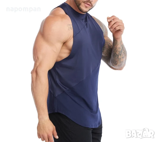 Спортни Мъжки Сини Потници За Фитнес Тренировка - Изрязани, снимка 3 - Други - 51119403