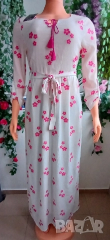Бяла дълга кенарена рокля с розови цветя., снимка 3 - Рокли - 46877640