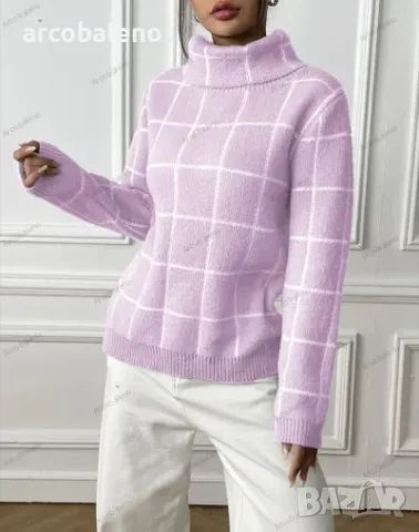 Дамски контрастен кариран пуловер с висока яка, 4цвята , снимка 9 - Блузи с дълъг ръкав и пуловери - 47979369