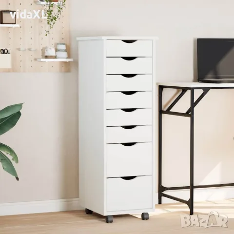 vidaXL Шкаф с чекмеджета на колелца MOSS, бял, бор масив, снимка 2 - Шкафове - 56147342