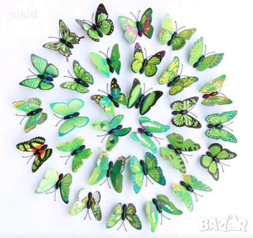 3D 12 бр pvc зелени магнитни и самозалепващи пеперуди декорация за стена и мебел, снимка 4 - Други - 26212084