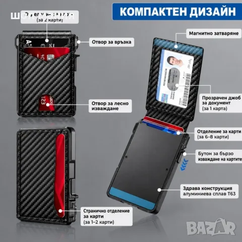 Мъжки портфейл за карти с RFID защита, автоматично изваждане и магнитно затваряне, снимка 4 - Портфейли, портмонета - 55976782