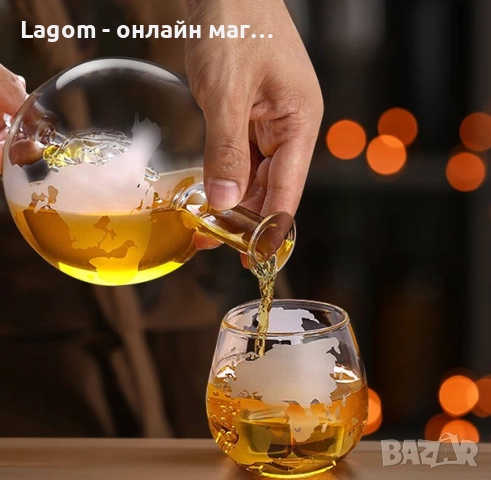 Елегантен комплект гарафи за уиски, гравиран глобус с чаши, със силует на кораб и дървена поставка, снимка 2 - Декорация за дома - 52561515