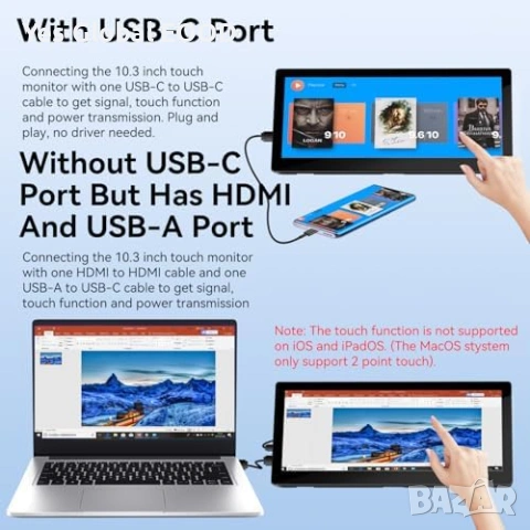 10.3" Touch монитор 1920x720 IPS HDMI USB-C, снимка 3 - Монитори - 53615409