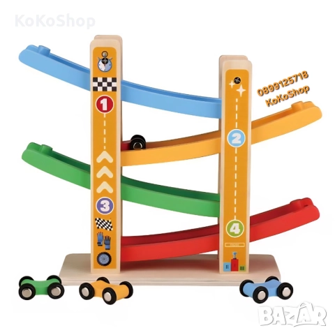 Дървена писта с колички/образователна състезателна писта с четири коли