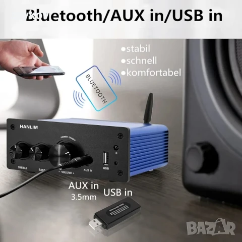 200W HiFi усилвател с Bluetooth/оптичен вход/коаксиален вход/USB/AUX вход, снимка 3 - Друга електроника - 50714831