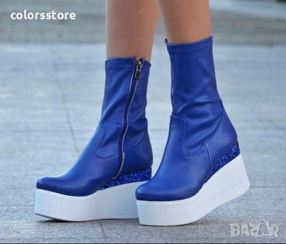 Боти на платформа - синя кожа със син брокат и бяло ходило - 121K 