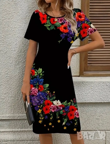 Черна рокля на цветя, нова, с еластан