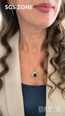 СРЕБЪРЕН ВИСУЛКА С ЦЕНТРАЛЕН СИН САПФИР И ЖЪЛТИ САПФИРИ, снимка 4 - Колиета, медальони, синджири - 52397607