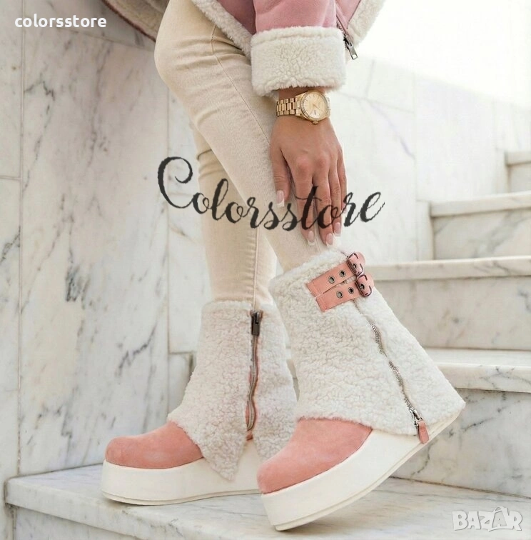 Боти на платформа - бежово с розово велур - BPK55 , снимка 1