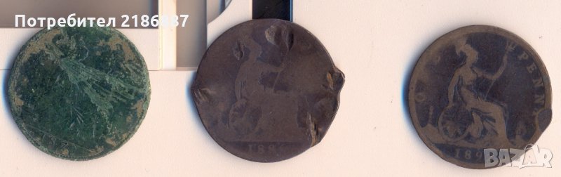 Великобритания лот от 3 броя по 1 пени 1873, 1886 и 1892 година, снимка 1