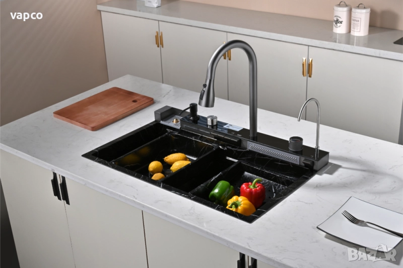  Черен мрамор - Мултифункционална кухненска мивка с двоен водопад , снимка 1