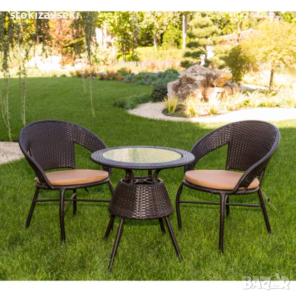 Градински комплект – маса с 2 стола, кафяв цвят, снимка 1