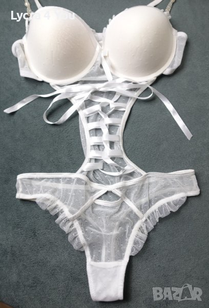 80C M-mala снежно бяло луксозно тюлено боди прашка с перли и камъни на презрамките, снимка 1