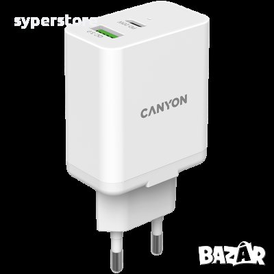 Зарядно за телефон, адаптер CANYON H-20-03, 1xUSB, 1xUSB Type-C, Бял SS30221, снимка 1