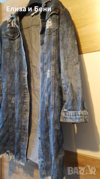 Удължено дънково яке, прокъснат ефект, изтъркано, уникат син деним, снимка 1