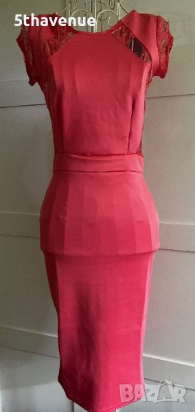 Нова с етикет рокля дантела къс ръкав миди корал, снимка 1