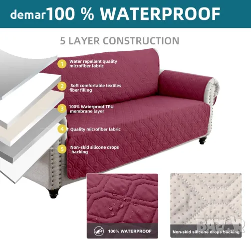 ‎QQJIN 100% водоустойчив калъф за диван с 3 места, 6 джоба, червен, снимка 3 - Дивани и мека мебел - 50189558