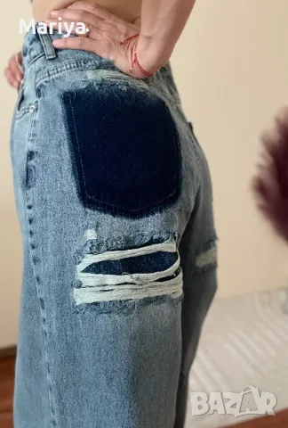 Накъсани сини дънки с широк крачол. Размер Л. , снимка 3 - Дънки - 47682254