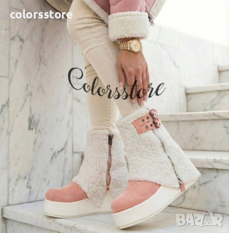 Боти на платформа - бежово с розово велур - BPK55 