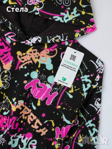 TERRANOVA детски, за момиче, РАЗЛИЧНИ ЦВЕТОВЕ, кроп суитшърт с десен графити, бял, нов, с етикет, снимка 8 - Детски анцузи и суичери - 47112387