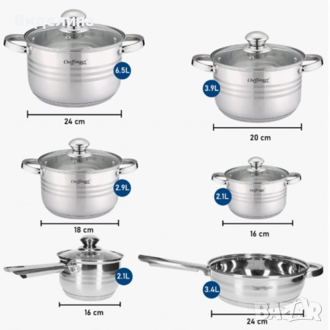 Комплект съдове за готвене, Cheffinger, 12 части, неръждаема стомана, за всички видове котлони, снимка 3 - Съдове за готвене - 51916633