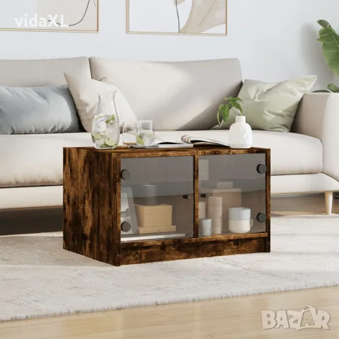 vidaXL Маса за кафе със стъклени врати, опушен дъб, 68x50x42 см, снимка 3 - Маси - 56148153