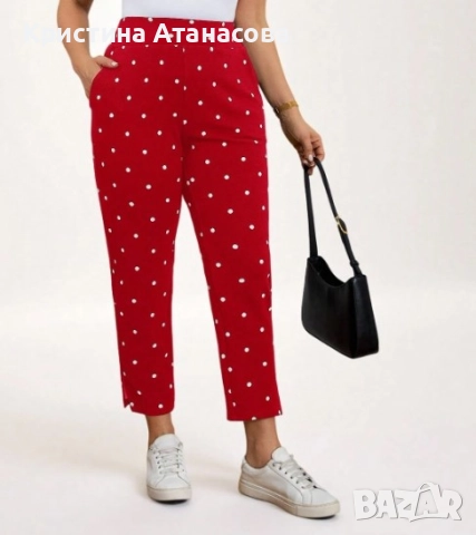 Дамски ежедневен панталон - голям размер - на точки с джобове и странични цепки, снимка 5 - Панталони - 51447158