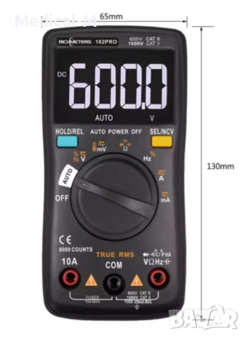 RM102Pro multimeter мултиметър – 6000 отчета, подсветка, AC/DC амперметър, волтметър, измерване на , снимка 6 - Друга електроника - 52895480