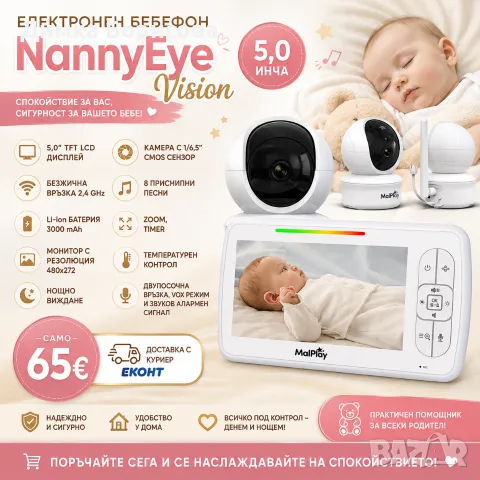 👶💗 Електронен бебефон NannyEye Vision – 5,0" 📹✨