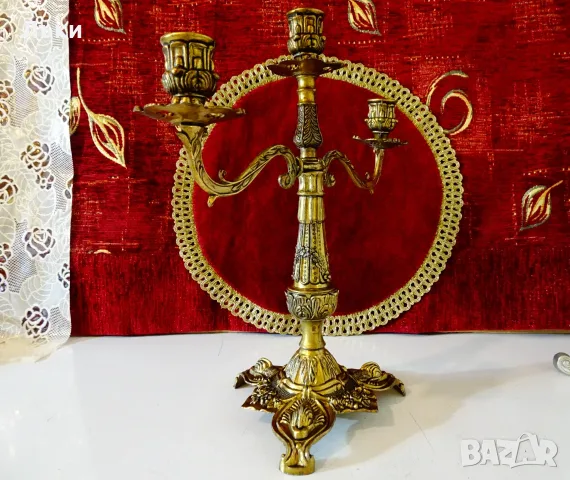 Троен бронзов свещник тройка,барок,риби,печат. , снимка 2 - Антикварни и старинни предмети - 56338505