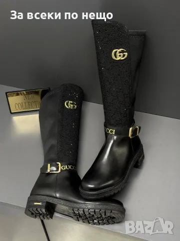 Gucci Луксозни Дамски Черни Ботуши До Коляното С Блестящи Детайли И Златно Лого Код SEM-767, снимка 2 - Дамски ботуши - 56116621