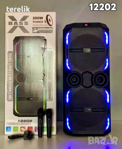 🔊 ABS-12202 – 12”×2 Xbass 200W 6000mah-50лв Професионална караоке тонколона, Bluetooth, 2 микрофонa, снимка 14 - Караоке - 51831232