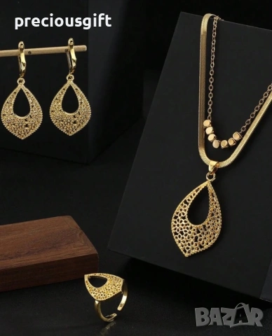 Комплект бижута от неръждаема стомана - гердан, обеци и пръстен