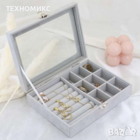 Кутия за бижута, сива, стъклен капак, снимка 3 - Други - 51813813