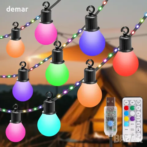 IRISECO 12,5м цветни външни крушки, Водоустойчиви Festoon светлини, 100LED+20 крушки, 12 режима USB