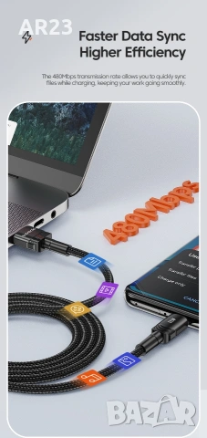 Toocki 7A USB-C кабел 100W черен 3 метра, снимка 3 - USB кабели - 53479739