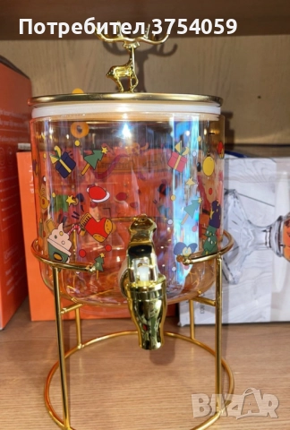 Стъклен диспенсър за напитки 2.6 L с коледен дизайн и златиста стойка, снимка 4 - Буркани, бутилки и капачки - 51986232